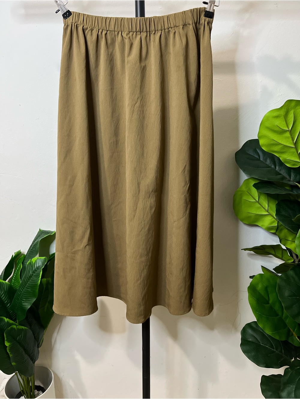 Olive Khaki Midi Skirt XL Elastic Waist Minimalist Boho Quiet Luxury